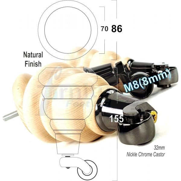 4 TURNED WOOD CASTOR LEGS 165mm High CHAIR REPLACEMENT FURNITURE FEET M8(8mm) - Image 13