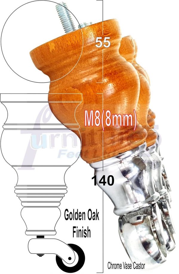 4 Turned Wood Castor Legs 150mm High Chair Furniture Feet Golden Oak M8(8mm) - Image 23