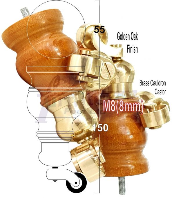 4 Turned Wood Castor Legs 150mm High Chair Furniture Feet Golden Oak M8(8mm) - Image 17