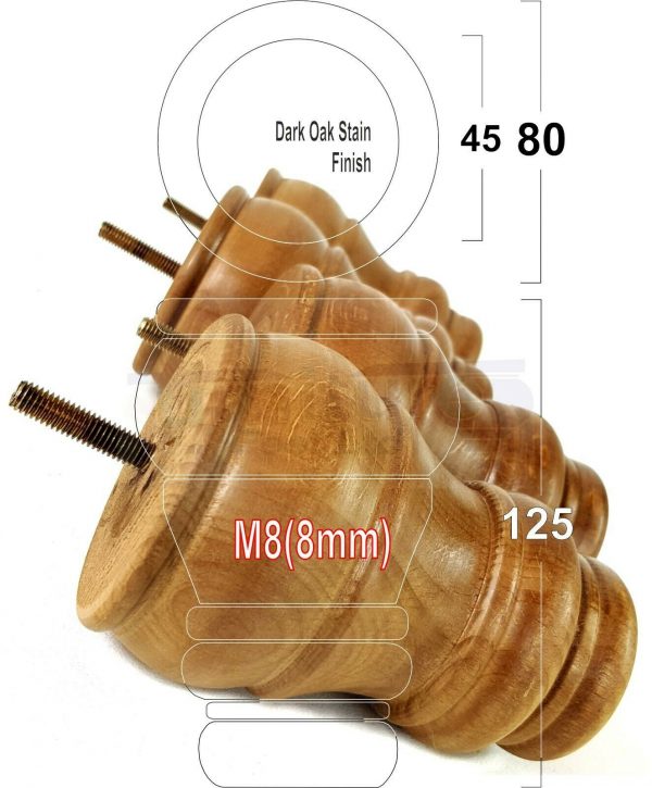 4x TURNED WOOD FURNITURE CHAIR LEGS M8(8mm) REPLACEMENT SETTEE FEET 125mm HIGH - Image 30