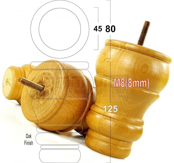 4x TURNED WOOD FURNITURE CHAIR LEGS M8(8mm) REPLACEMENT SETTEE FEET 125mm HIGH - Image 28