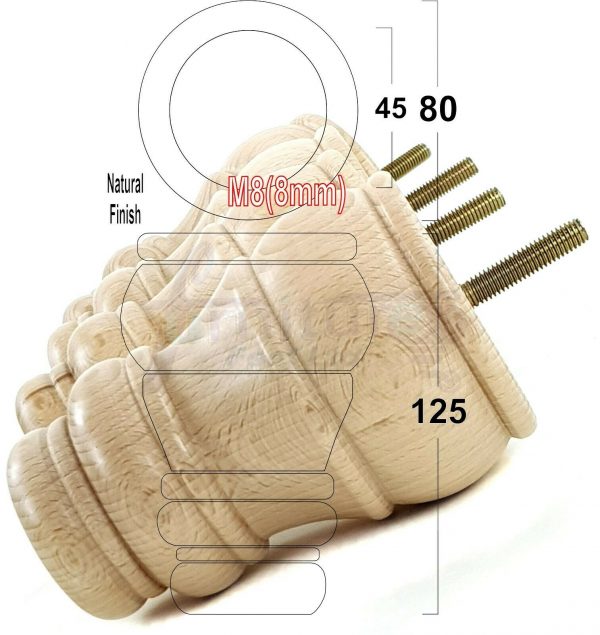 4x TURNED WOOD FURNITURE CHAIR LEGS M8(8mm) REPLACEMENT SETTEE FEET 125mm HIGH - Image 27