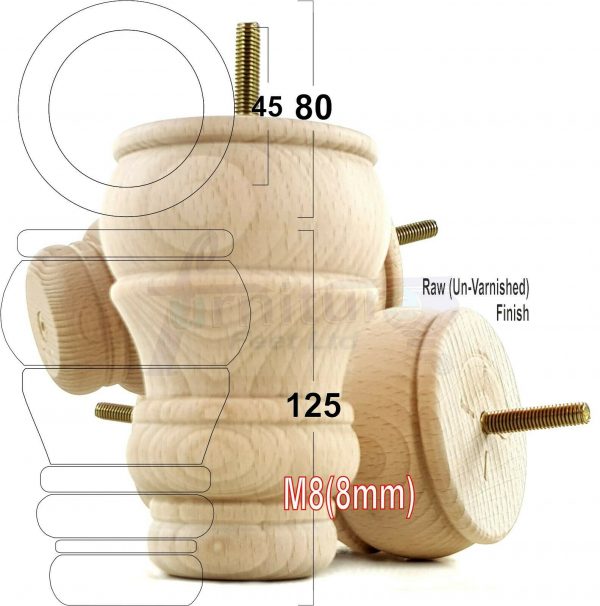 4x TURNED WOOD FURNITURE CHAIR LEGS M8(8mm) REPLACEMENT SETTEE FEET 125mm HIGH - Image 32