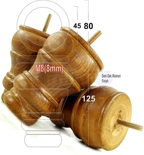 4x TURNED WOOD FURNITURE CHAIR LEGS M8(8mm) REPLACEMENT SETTEE FEET 125mm HIGH - Image 20