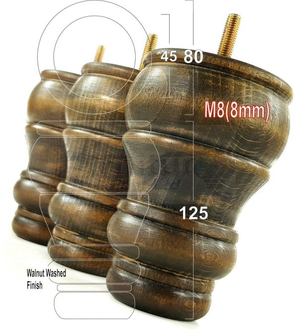 4x TURNED WOOD FURNITURE CHAIR LEGS M8(8mm) REPLACEMENT SETTEE FEET 125mm HIGH - Image 21