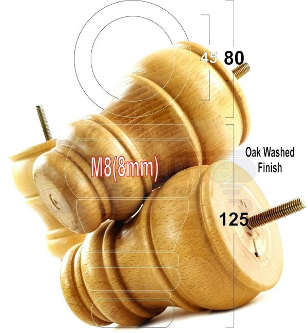 4x TURNED WOOD FURNITURE CHAIR LEGS M8(8mm) REPLACEMENT SETTEE FEET 125mm HIGH - Image 29