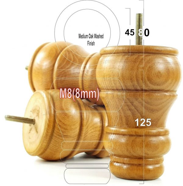 4x TURNED WOOD FURNITURE CHAIR LEGS M8(8mm) REPLACEMENT SETTEE FEET 125mm HIGH - Image 26