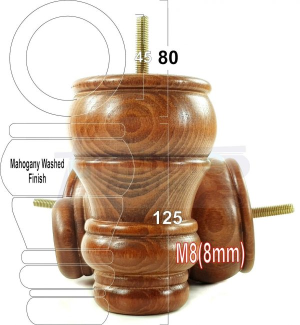 4x TURNED WOOD FURNITURE CHAIR LEGS M8(8mm) REPLACEMENT SETTEE FEET 125mm HIGH - Image 25