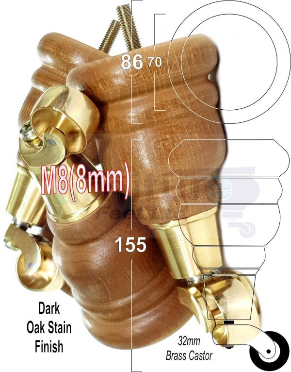 4x Turned Wood Furniture Sofa Legs M8 Replacement Feet With Castors 155mm High - Image 11
