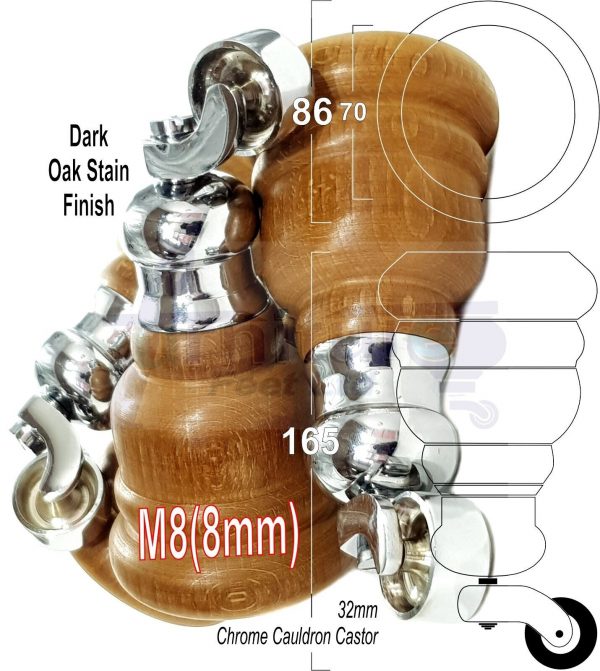 4x Turned Wood Furniture Sofa Legs M8 Replacement Feet With Castors 155mm High - Image 16