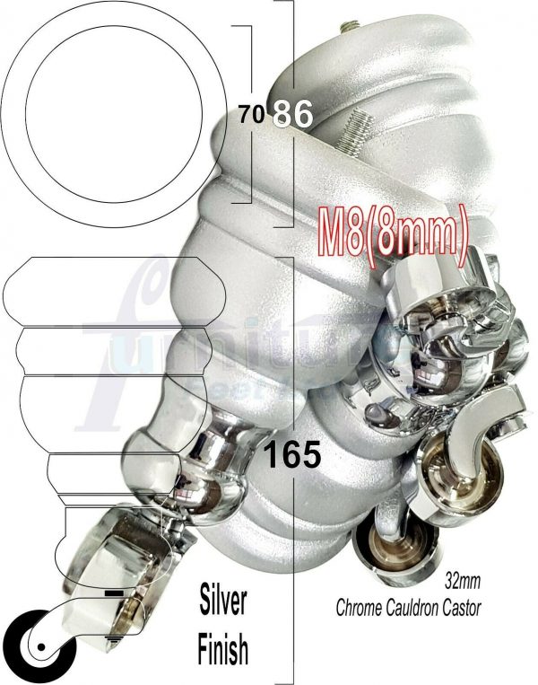 4x WOOD FURNITURE LEGS M8 REPLACEMENT CHROME CAULDRON CASTOR FEET 165mm HIGH - Image 33