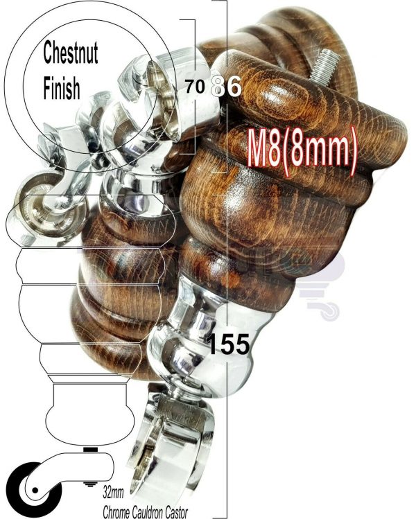 4x WOOD FURNITURE LEGS M8 REPLACEMENT CHROME CAULDRON CASTOR FEET 165mm HIGH - Image 43