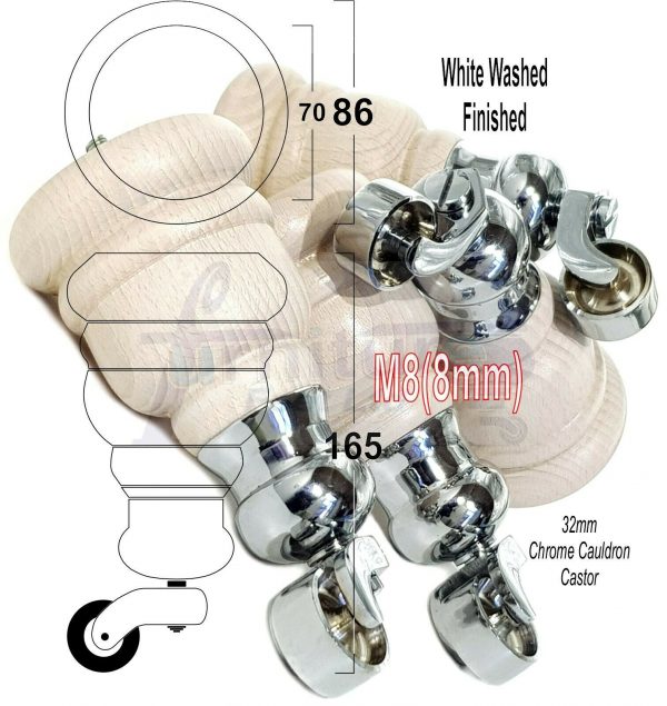 4x WOOD FURNITURE LEGS M8 REPLACEMENT CHROME CAULDRON CASTOR FEET 165mm HIGH - Image 37