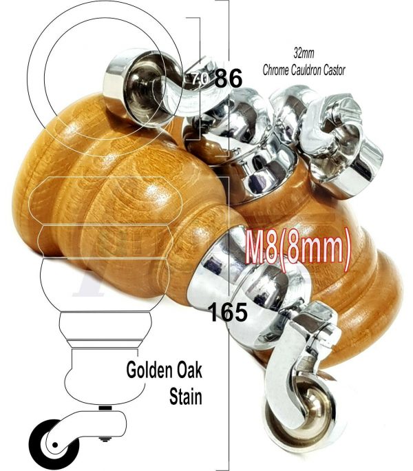 4x WOOD FURNITURE LEGS M8 REPLACEMENT CHROME CAULDRON CASTOR FEET 165mm HIGH - Image 24