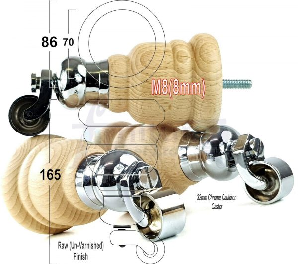 4x WOOD FURNITURE LEGS M8 REPLACEMENT CHROME CAULDRON CASTOR FEET 165mm HIGH - Image 34