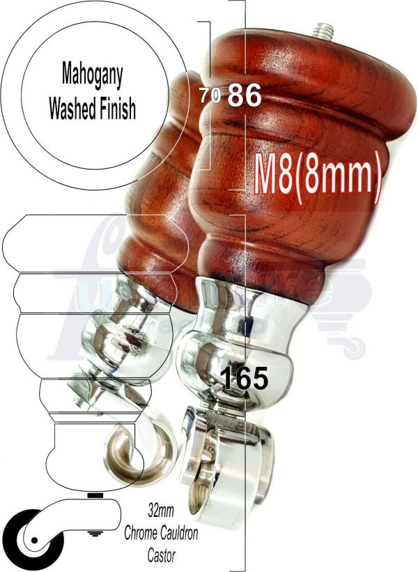 4x WOOD FURNITURE LEGS M8 REPLACEMENT CHROME CAULDRON CASTOR FEET 165mm HIGH - Image 27