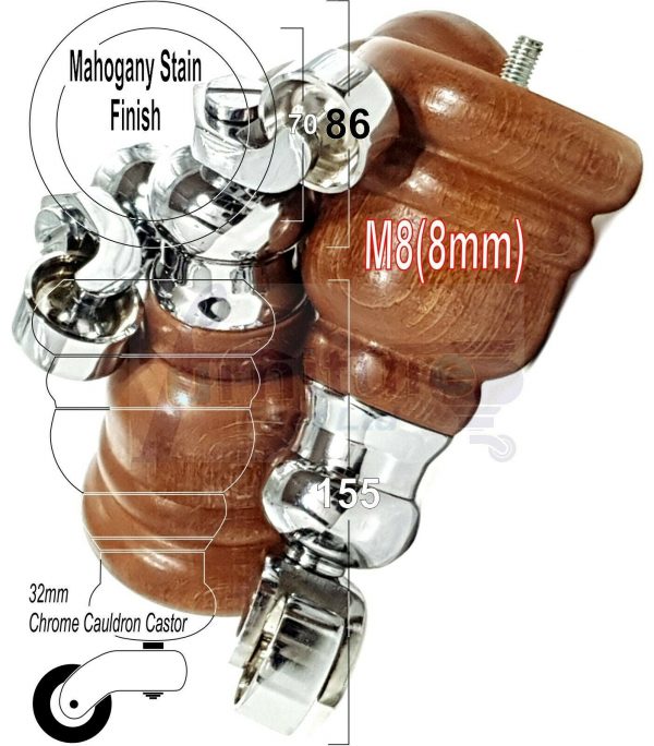 4x WOOD FURNITURE LEGS M8 REPLACEMENT CHROME CAULDRON CASTOR FEET 165mm HIGH - Image 26