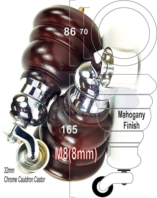 4x WOOD FURNITURE LEGS M8 REPLACEMENT CHROME CAULDRON CASTOR FEET 165mm HIGH - Image 25