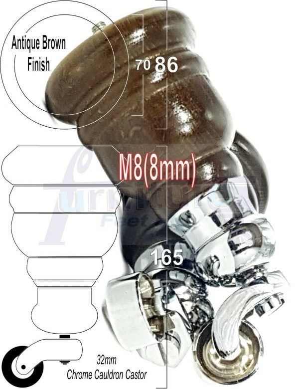 4x WOOD FURNITURE LEGS M8 REPLACEMENT CHROME CAULDRON CASTOR FEET 165mm HIGH - Image 14