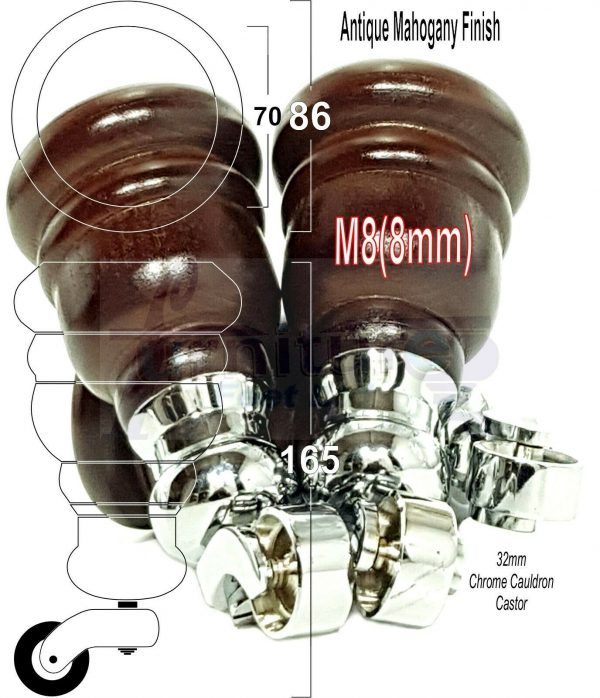 4x WOOD FURNITURE LEGS M8 REPLACEMENT CHROME CAULDRON CASTOR FEET 165mm HIGH - Image 38
