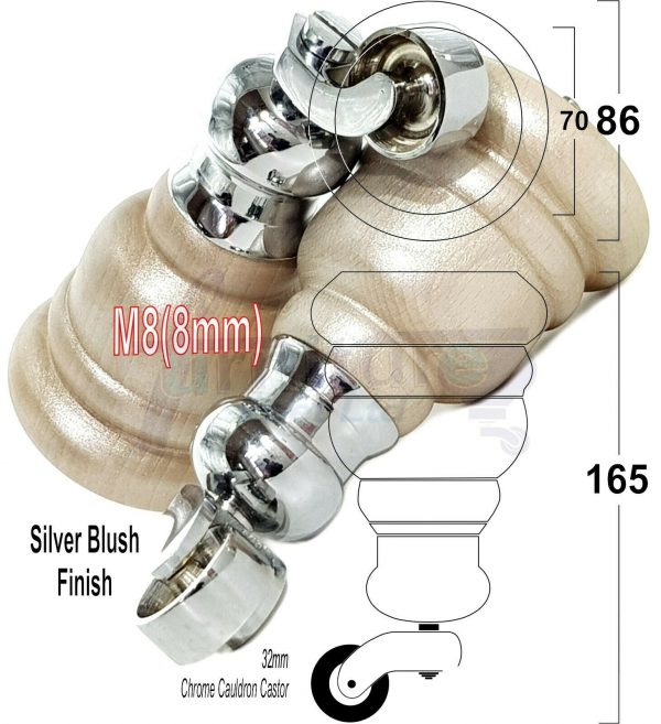 4x WOOD FURNITURE LEGS M8 REPLACEMENT CHROME CAULDRON CASTOR FEET 165mm HIGH - Image 18