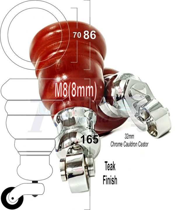 4x WOOD FURNITURE LEGS M8 REPLACEMENT CHROME CAULDRON CASTOR FEET 165mm HIGH - Image 35
