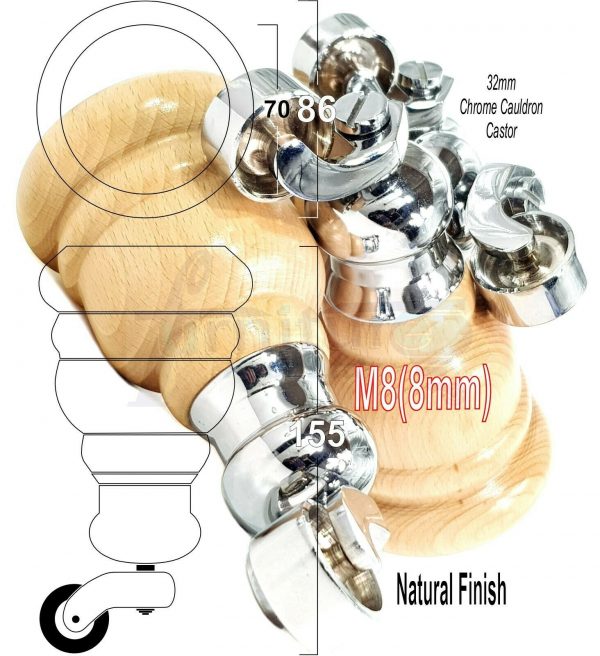 4x WOOD FURNITURE LEGS M8 REPLACEMENT CHROME CAULDRON CASTOR FEET 165mm HIGH - Image 29