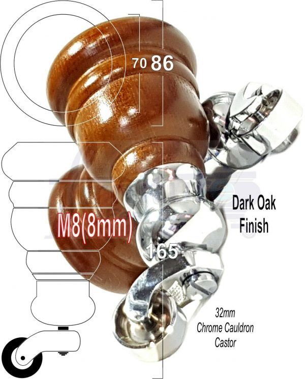 4x WOOD FURNITURE LEGS M8 REPLACEMENT CHROME CAULDRON CASTOR FEET 165mm HIGH - Image 19
