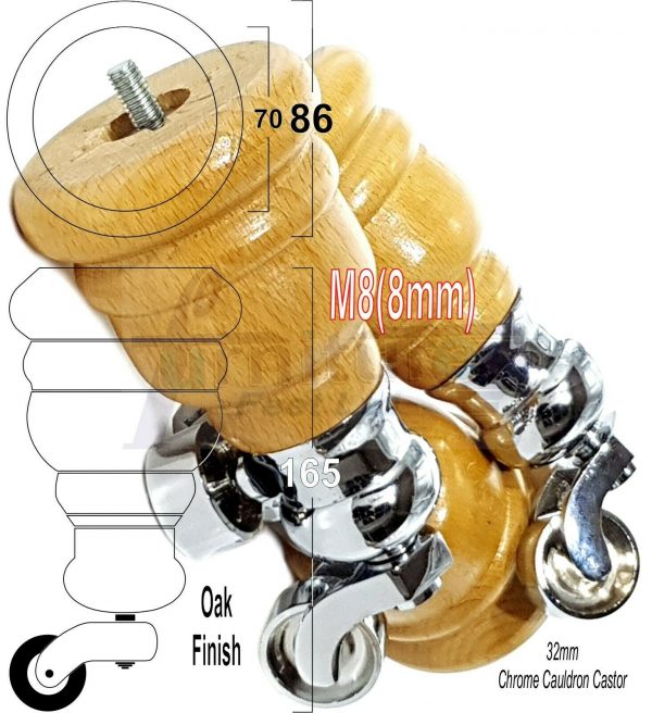 4x WOOD FURNITURE LEGS M8 REPLACEMENT CHROME CAULDRON CASTOR FEET 165mm HIGH - Image 30