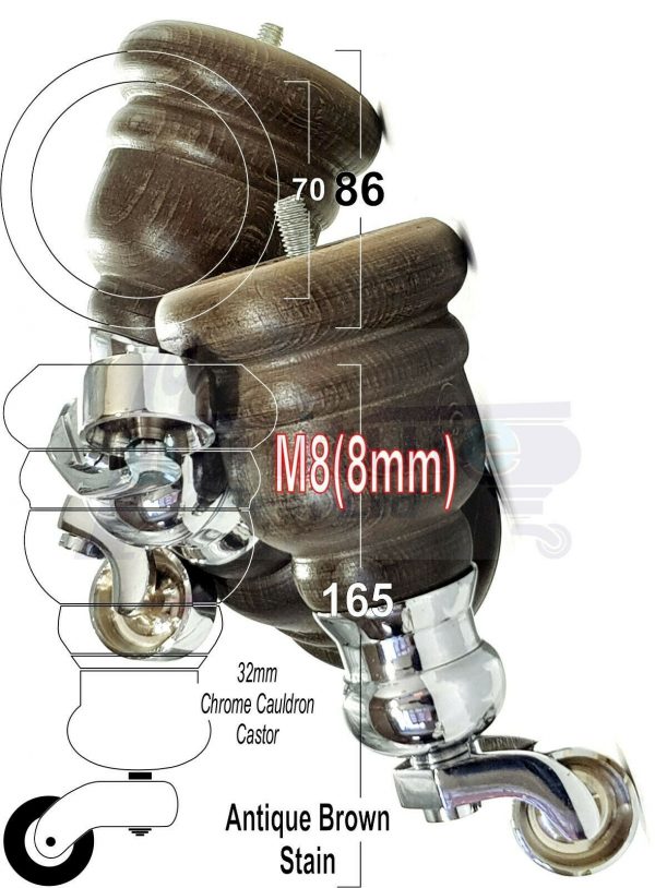 4x WOOD FURNITURE LEGS M8 REPLACEMENT CHROME CAULDRON CASTOR FEET 165mm HIGH - Image 15