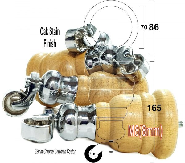 4x WOOD FURNITURE LEGS M8 REPLACEMENT CHROME CAULDRON CASTOR FEET 165mm HIGH - Image 31