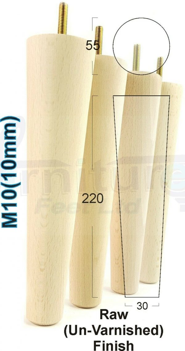 4x WOOD REPLACEMENT FURNITURE CHAIR LEGS M10(10mm) SOFA - SETTEE FEET 220mm HIGH - Image 32