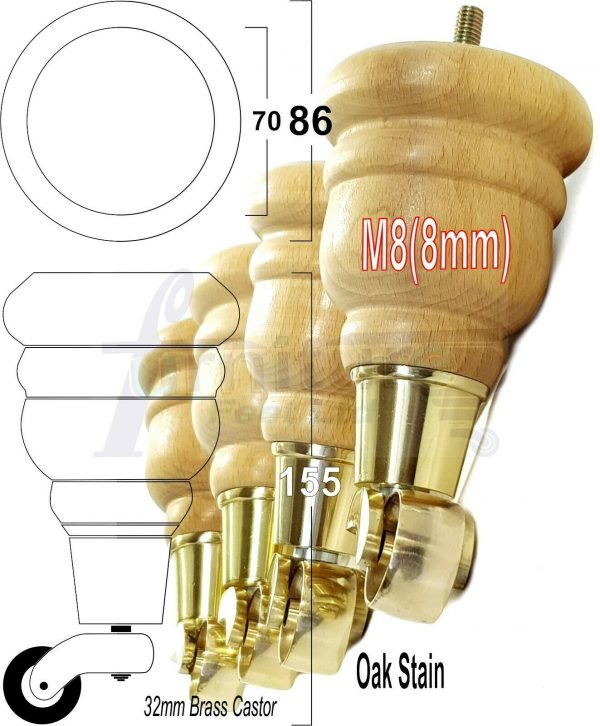 4x WOODEN FURNITURE LEGS M8(8mm) CHAIR REPLACEMENT BRASS CASTOR FEET 155mm HIGH - Image 31