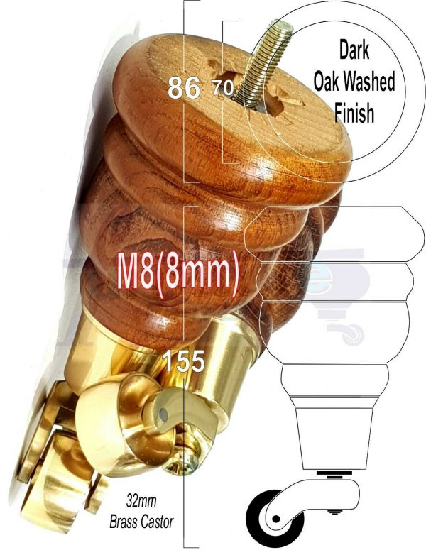 4x WOODEN FURNITURE LEGS M8(8mm) CHAIR REPLACEMENT BRASS CASTOR FEET 155mm HIGH - Image 20