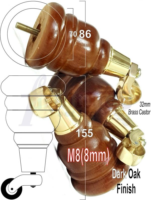 4x WOODEN FURNITURE LEGS M8(8mm) CHAIR REPLACEMENT BRASS CASTOR FEET 155mm HIGH - Image 19