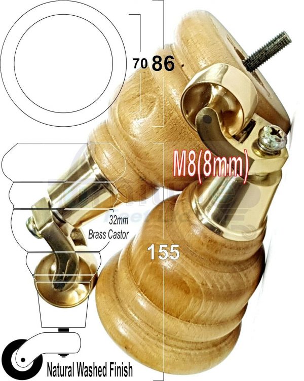 4x WOODEN FURNITURE LEGS M8(8mm) CHAIR REPLACEMENT BRASS CASTOR FEET 155mm HIGH - Image 44