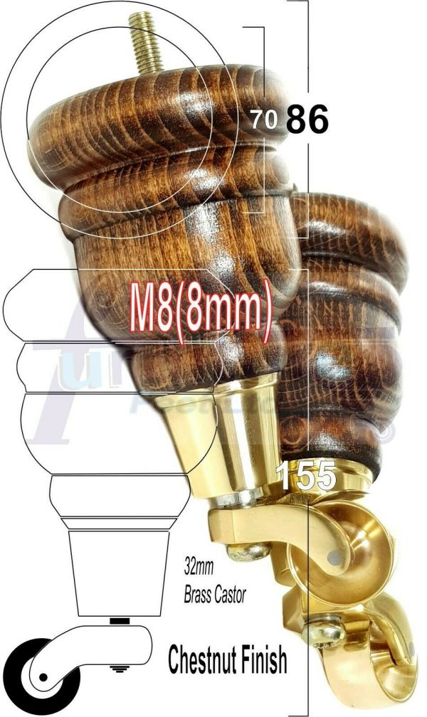 4x WOODEN FURNITURE LEGS M8(8mm) CHAIR REPLACEMENT BRASS CASTOR FEET 155mm HIGH - Image 43