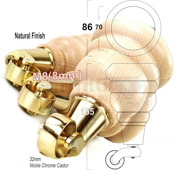 4x WOODEN FURNITURE LEGS M8(8mm) CHAIR REPLACEMENT BRASS CASTOR FEET 155mm HIGH - Image 29