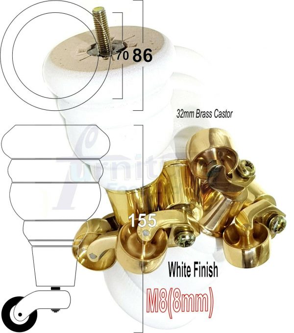 4x WOODEN FURNITURE LEGS M8(8mm) CHAIR REPLACEMENT BRASS CASTOR FEET 155mm HIGH - Image 36