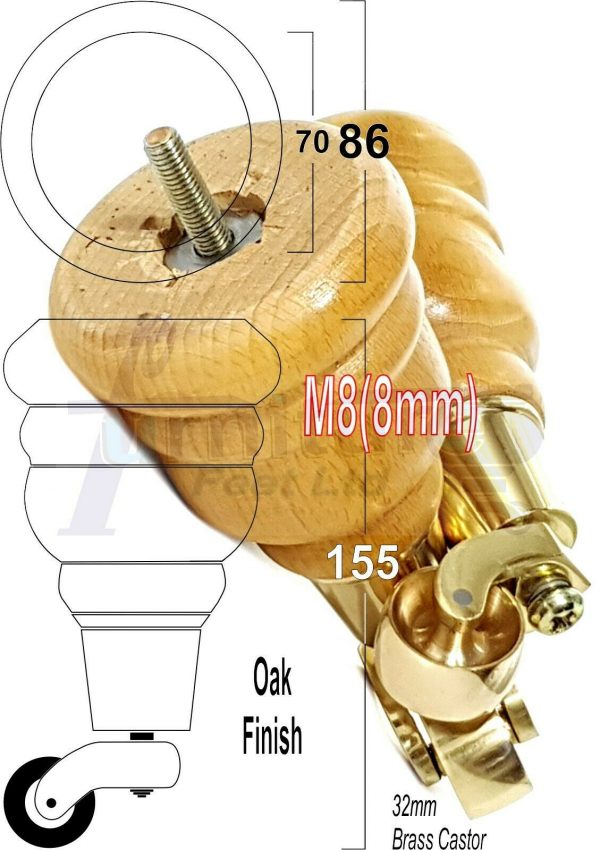 4x WOODEN FURNITURE LEGS M8(8mm) CHAIR REPLACEMENT BRASS CASTOR FEET 155mm HIGH - Image 30