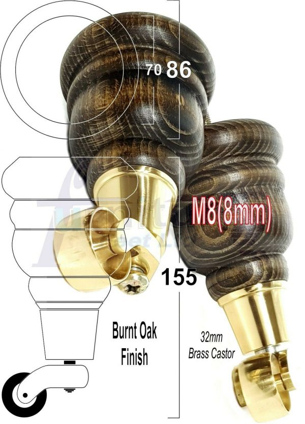 4x WOODEN FURNITURE LEGS M8(8mm) CHAIR REPLACEMENT BRASS CASTOR FEET 155mm HIGH - Image 42