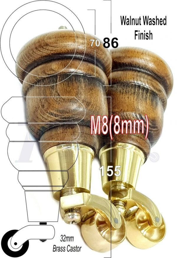 4x WOODEN FURNITURE LEGS M8(8mm) CHAIR REPLACEMENT BRASS CASTOR FEET 155mm HIGH - Image 21