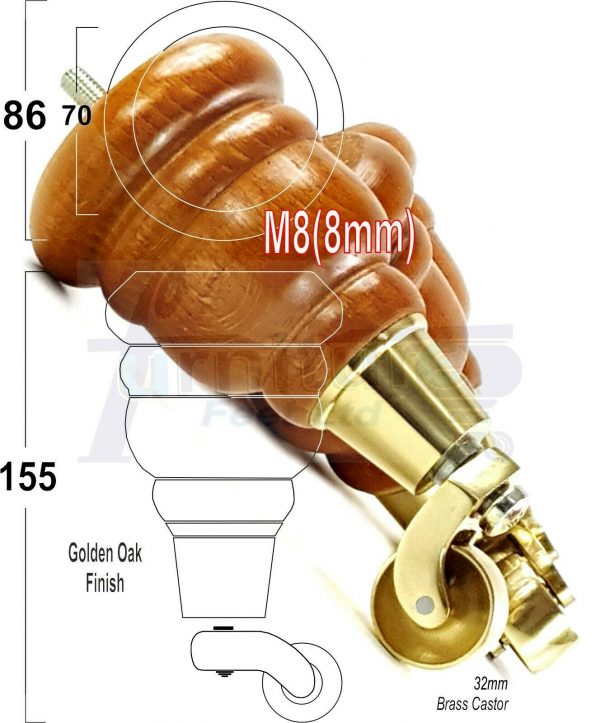 4x WOODEN FURNITURE LEGS M8(8mm) CHAIR REPLACEMENT BRASS CASTOR FEET 155mm HIGH - Image 23