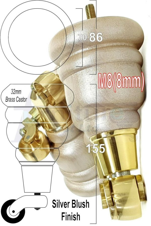 4x WOODEN FURNITURE LEGS M8(8mm) CHAIR REPLACEMENT BRASS CASTOR FEET 155mm HIGH - Image 18