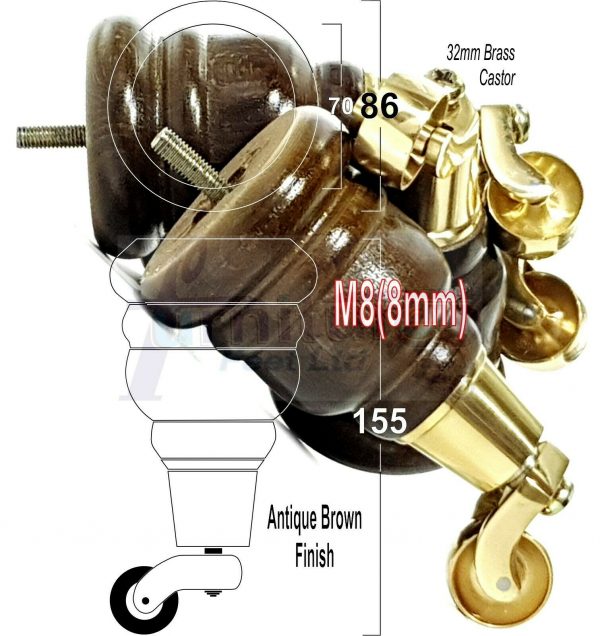 4x WOODEN FURNITURE LEGS M8(8mm) CHAIR REPLACEMENT BRASS CASTOR FEET 155mm HIGH - Image 14