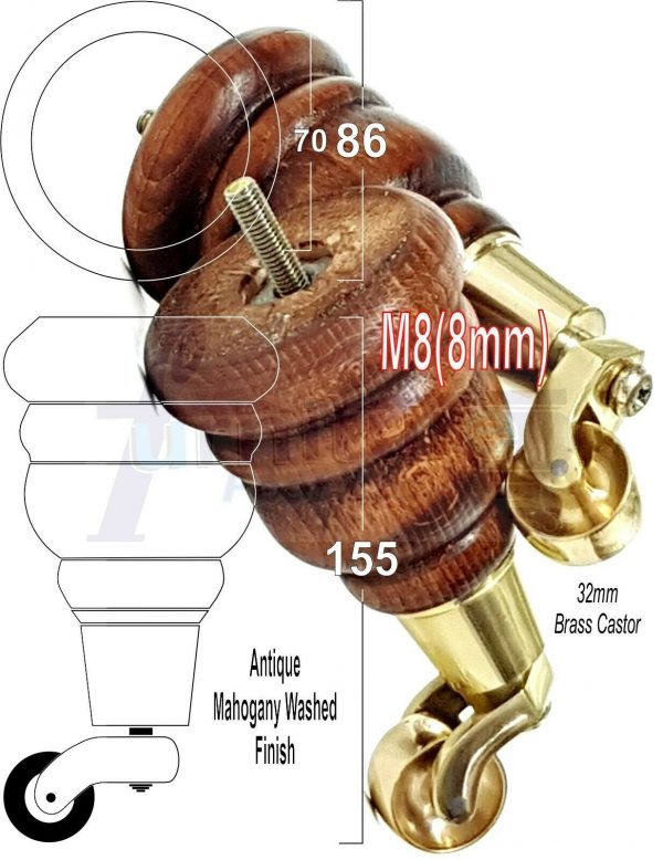 4x WOODEN FURNITURE LEGS M8(8mm) CHAIR REPLACEMENT BRASS CASTOR FEET 155mm HIGH - Image 40