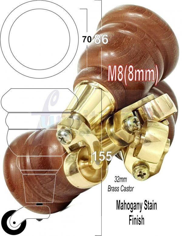 4x WOODEN FURNITURE LEGS M8(8mm) CHAIR REPLACEMENT BRASS CASTOR FEET 155mm HIGH - Image 26