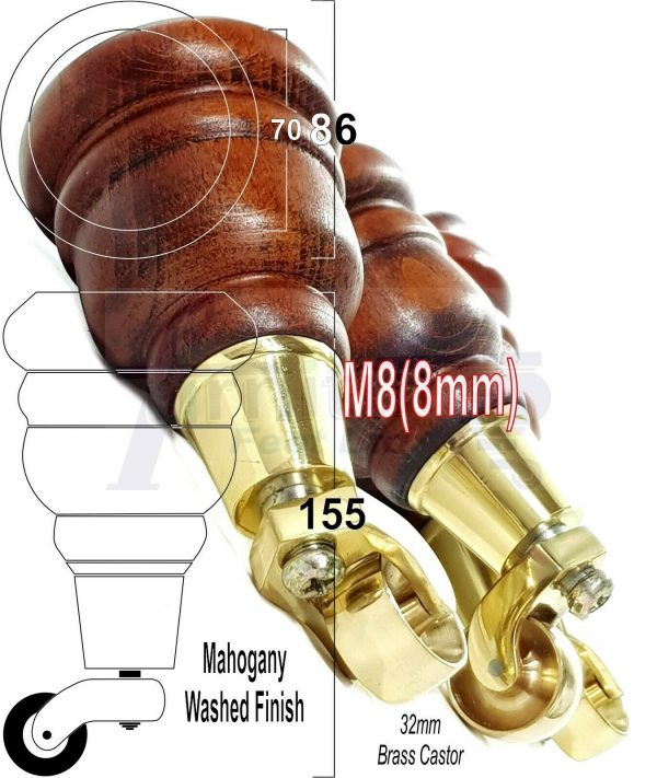 4x WOODEN FURNITURE LEGS M8(8mm) CHAIR REPLACEMENT BRASS CASTOR FEET 155mm HIGH - Image 27