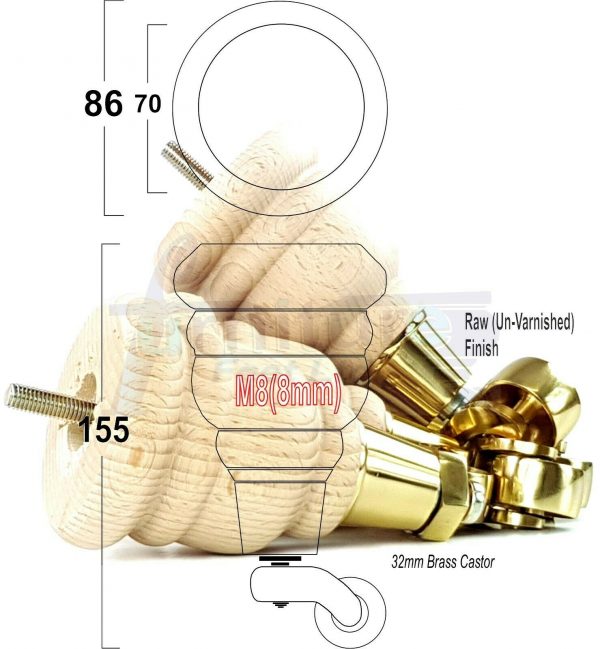 4x WOODEN FURNITURE LEGS M8(8mm) CHAIR REPLACEMENT BRASS CASTOR FEET 155mm HIGH - Image 34
