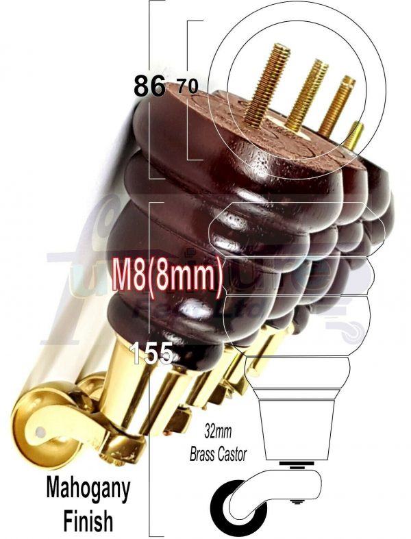 4x WOODEN FURNITURE LEGS M8(8mm) CHAIR REPLACEMENT BRASS CASTOR FEET 155mm HIGH - Image 25